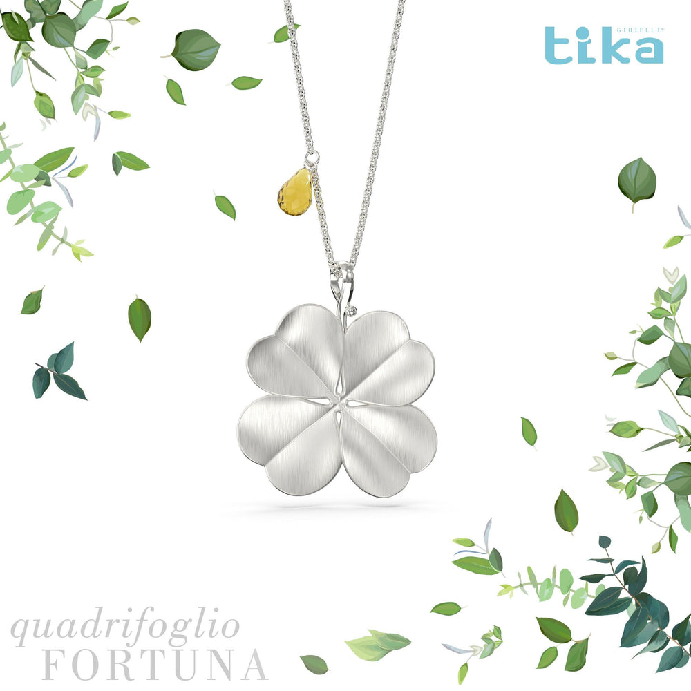 Collana foglia grande Quadrifoglio-Fortuna in Ag925 in tre diversi colori TKNA9006+ - TIKA Gioielli Shop