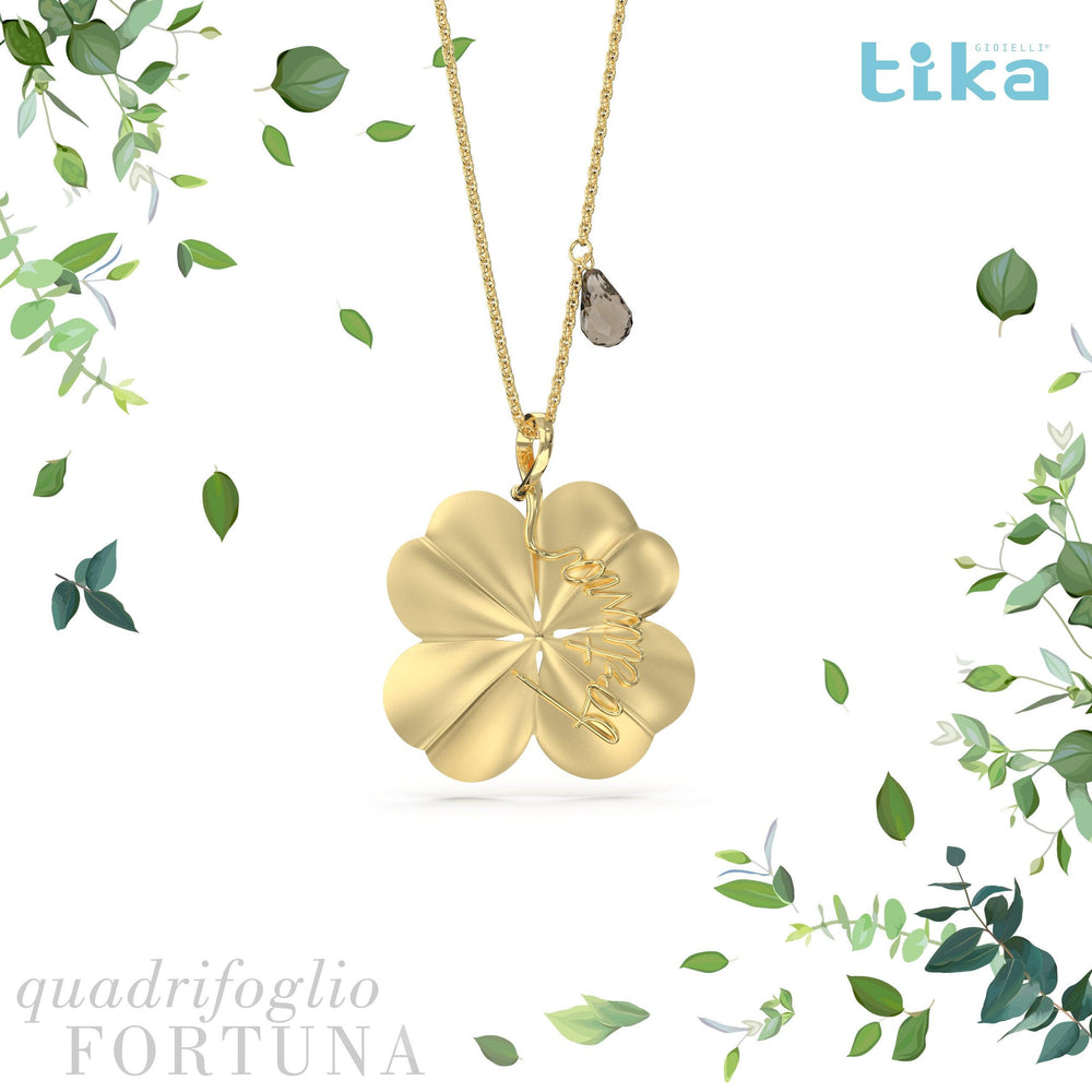 Collana foglia grande Quadrifoglio-Fortuna in Ag925 in tre diversi colori TKNA9006+ - TIKA Gioielli Shop